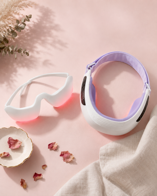 Gafas antifatiga y mascarilla EMS de Aureo Beauty sobre fondo rosa con pétalos